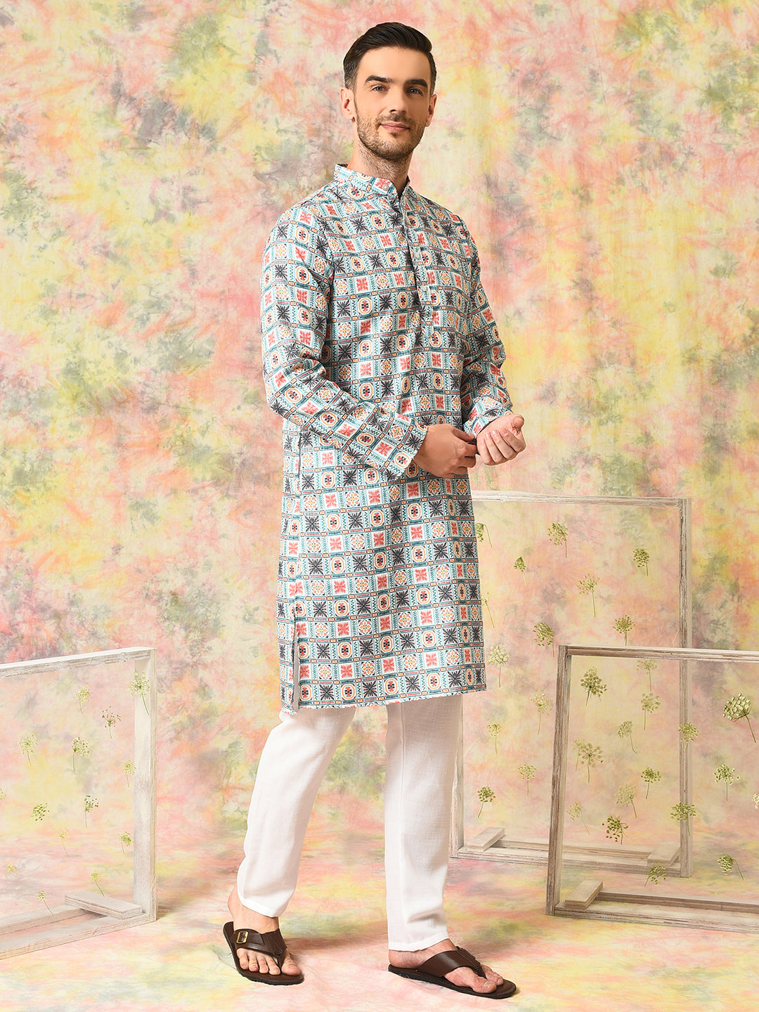 Hangup Mens Ethnic wear Embroidered Printed Cotton Kurta Pyjama Set