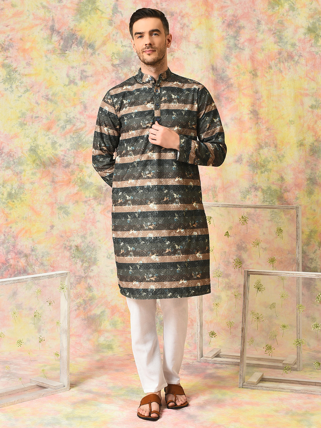 Hangup Mens Ethnic wear Embroidered Printed Cotton Kurta Pyjama Set