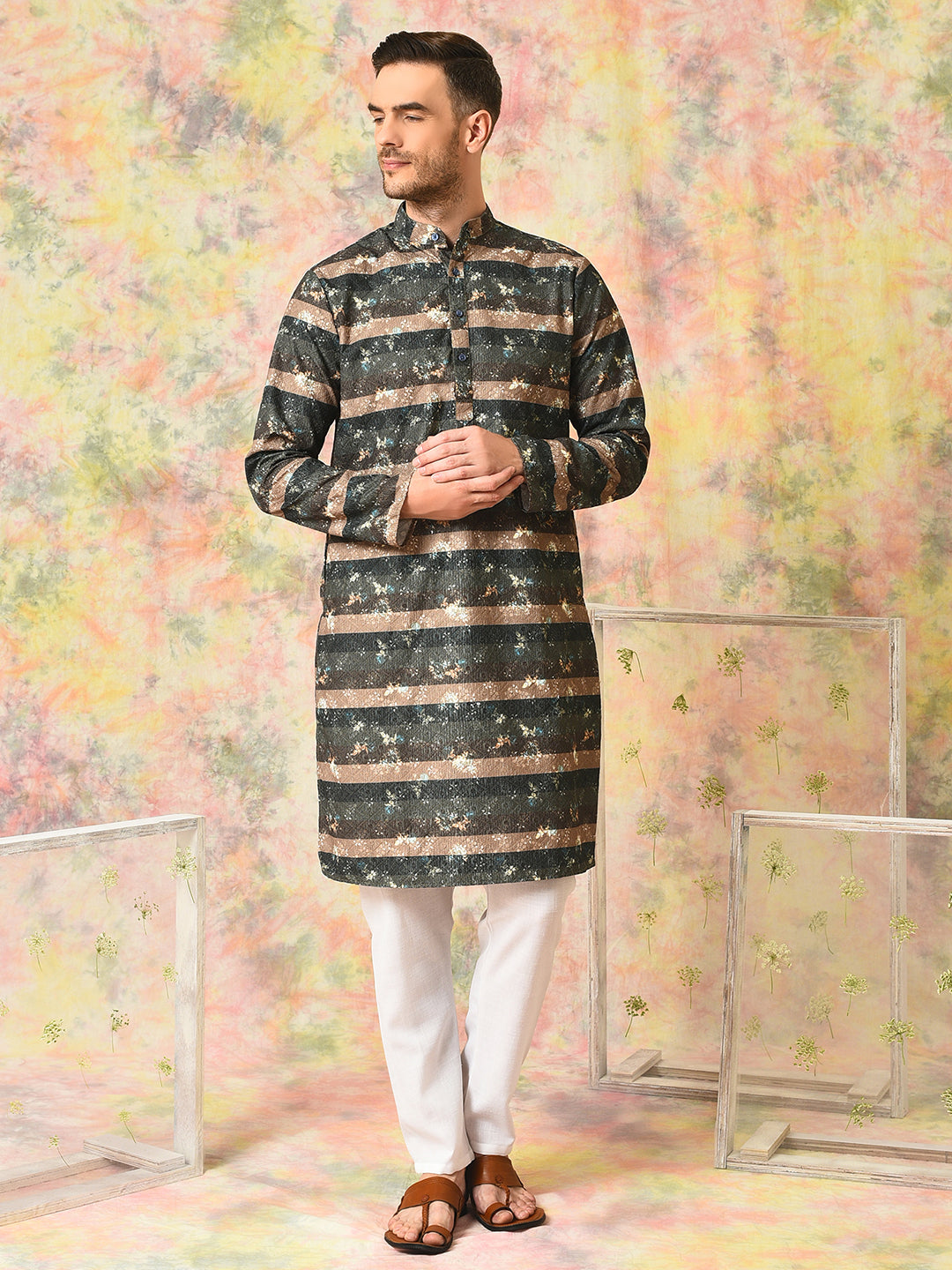 Hangup Mens Ethnic wear Embroidered Printed Cotton Kurta Pyjama Set