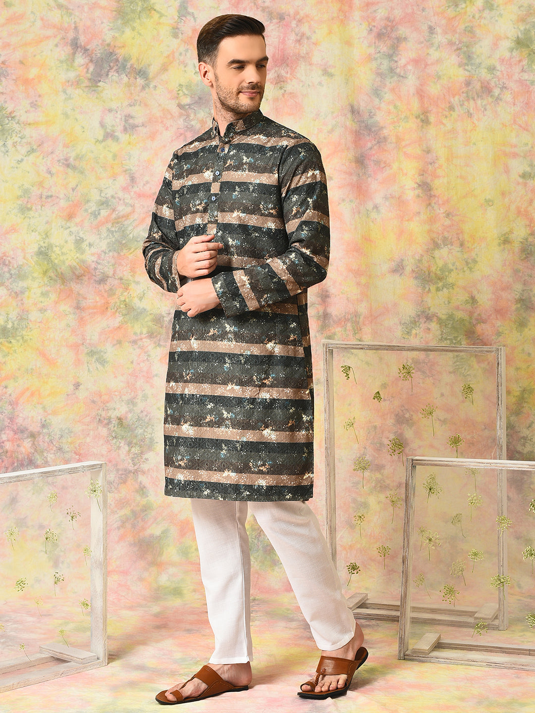 Hangup Mens Ethnic wear Embroidered Printed Cotton Kurta Pyjama Set