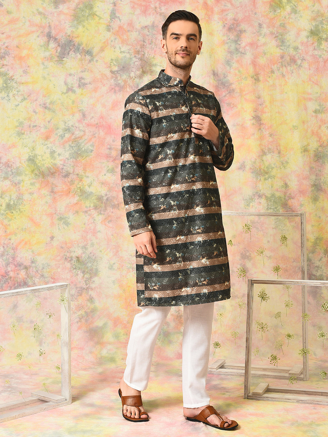 Hangup Mens Ethnic wear Embroidered Printed Cotton Kurta Pyjama Set