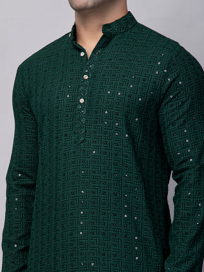 Hangup Men's Partywear Sequence Embroidered Green Kurta with Pyjama Set