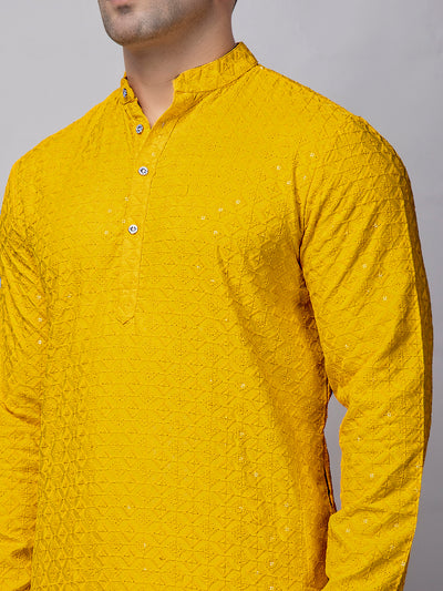 Hangup Men's Partywear Sequence Embroidered Yellow Kurta with Pyjama Set