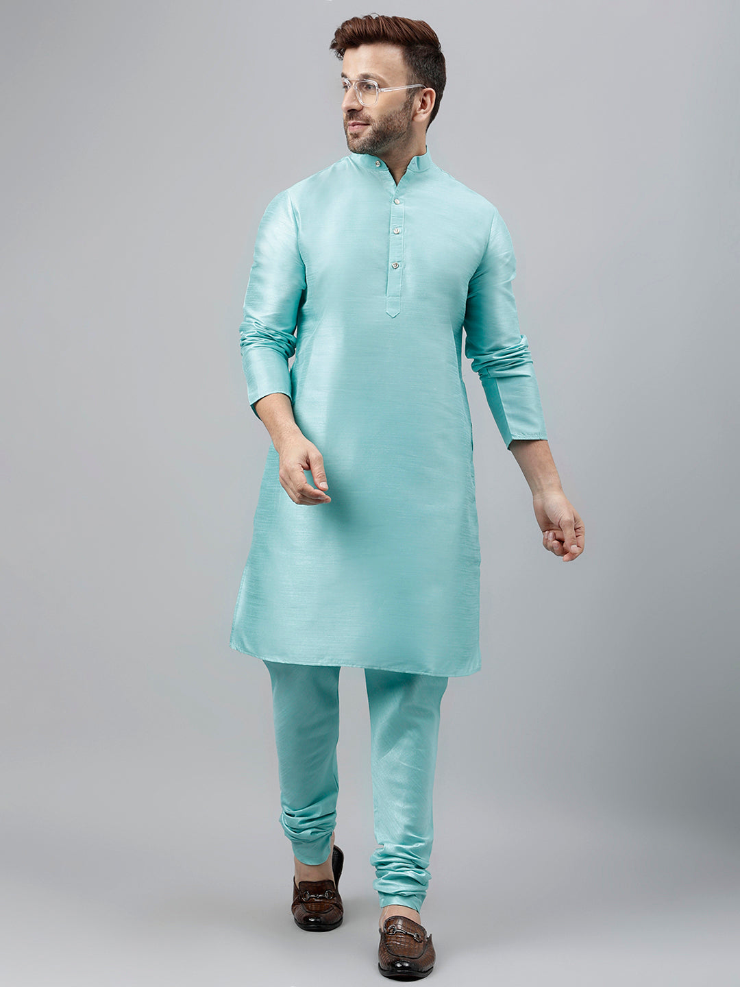 Hangup Men's Partywear Turquoise KurtaSet