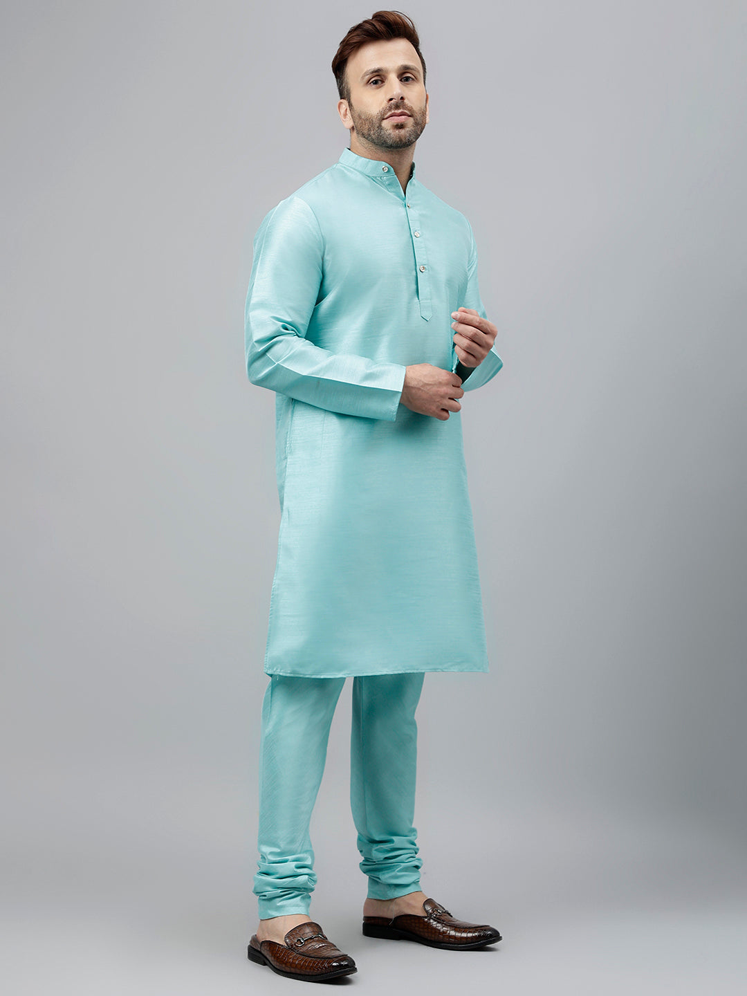 Hangup Men's Partywear Turquoise KurtaSet