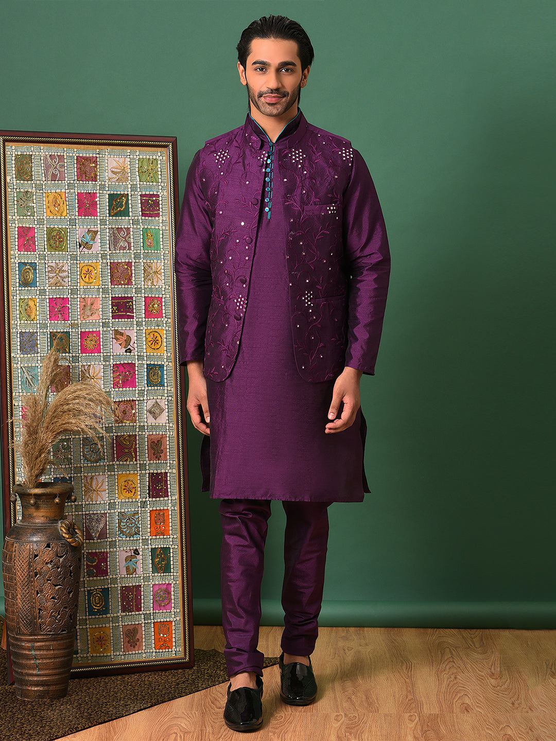 Hangup Men's Ethnic DarkPurple Long Kurta Pyjama and Nehru Jacket Set