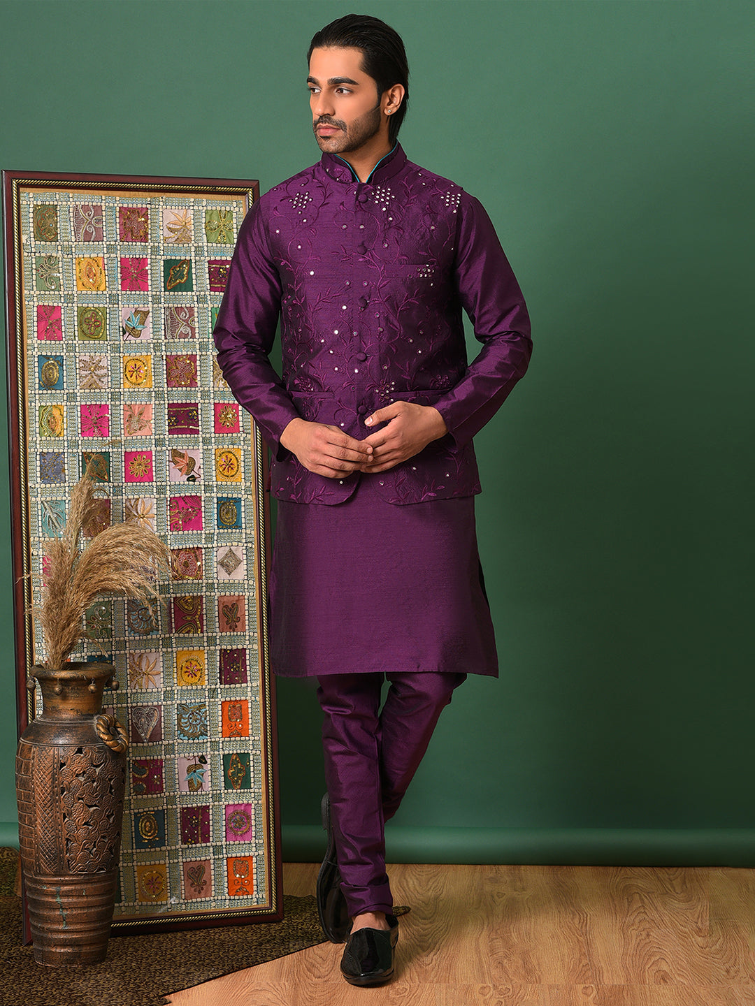 Hangup Men's Ethnic DarkPurple Long Kurta Pyjama and Nehru Jacket Set