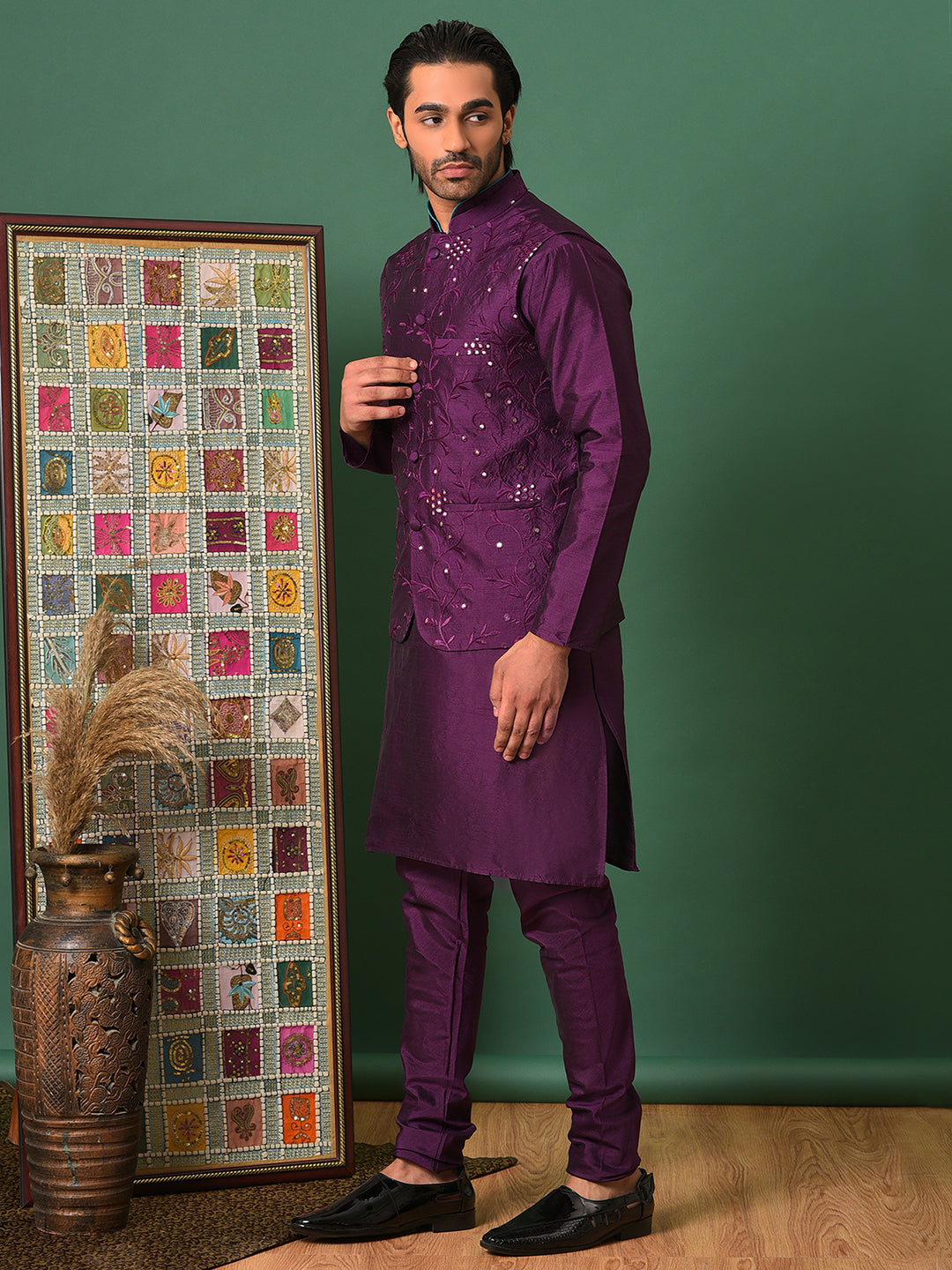 Hangup Men's Ethnic DarkPurple Long Kurta Pyjama and Nehru Jacket Set