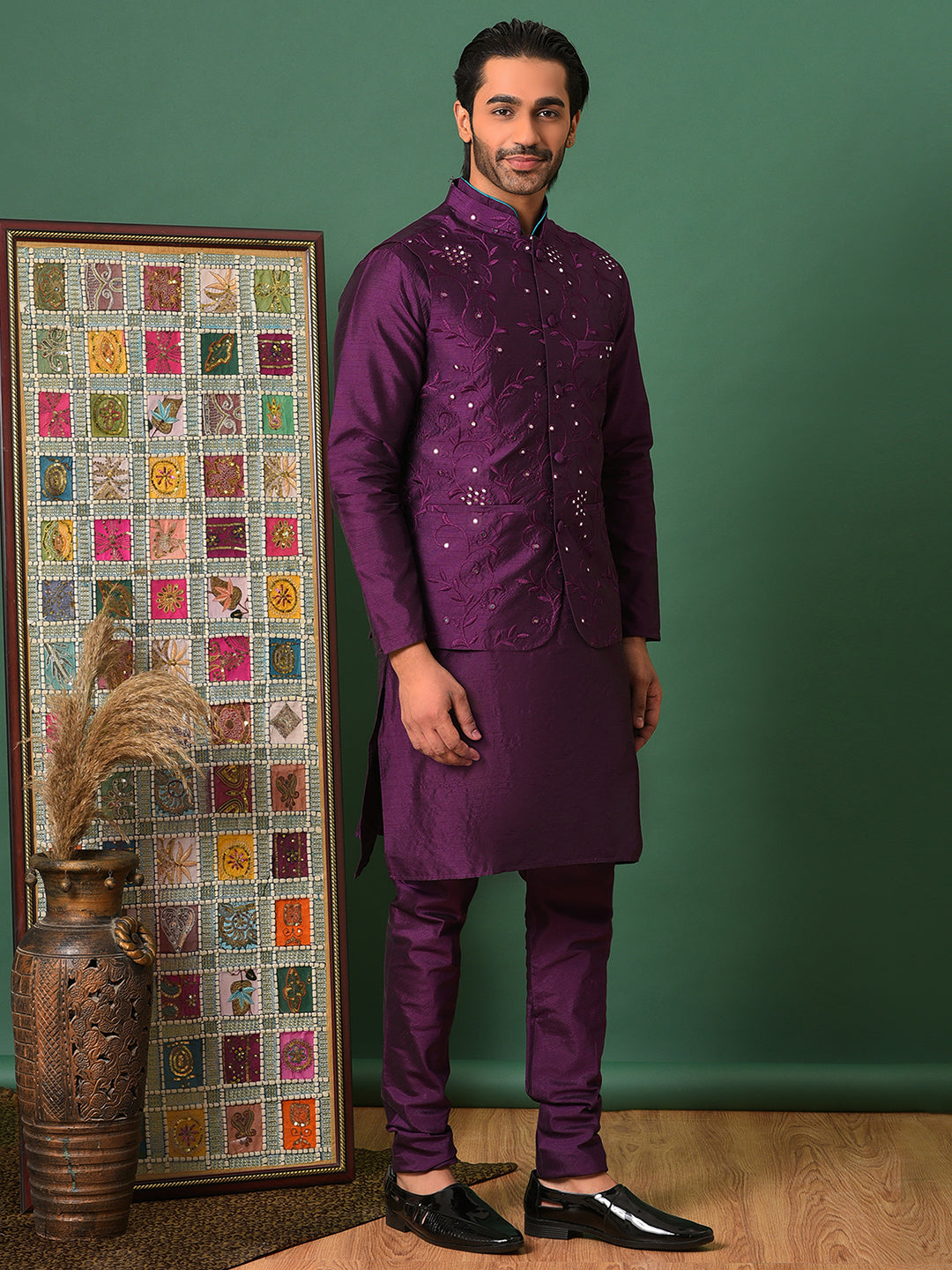 Hangup Men's Ethnic DarkPurple Long Kurta Pyjama and Nehru Jacket Set