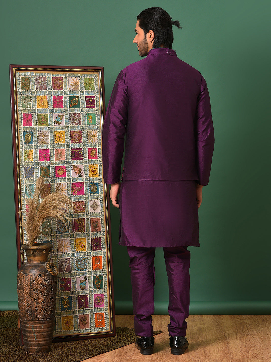 Hangup Men's Ethnic DarkPurple Long Kurta Pyjama and Nehru Jacket Set