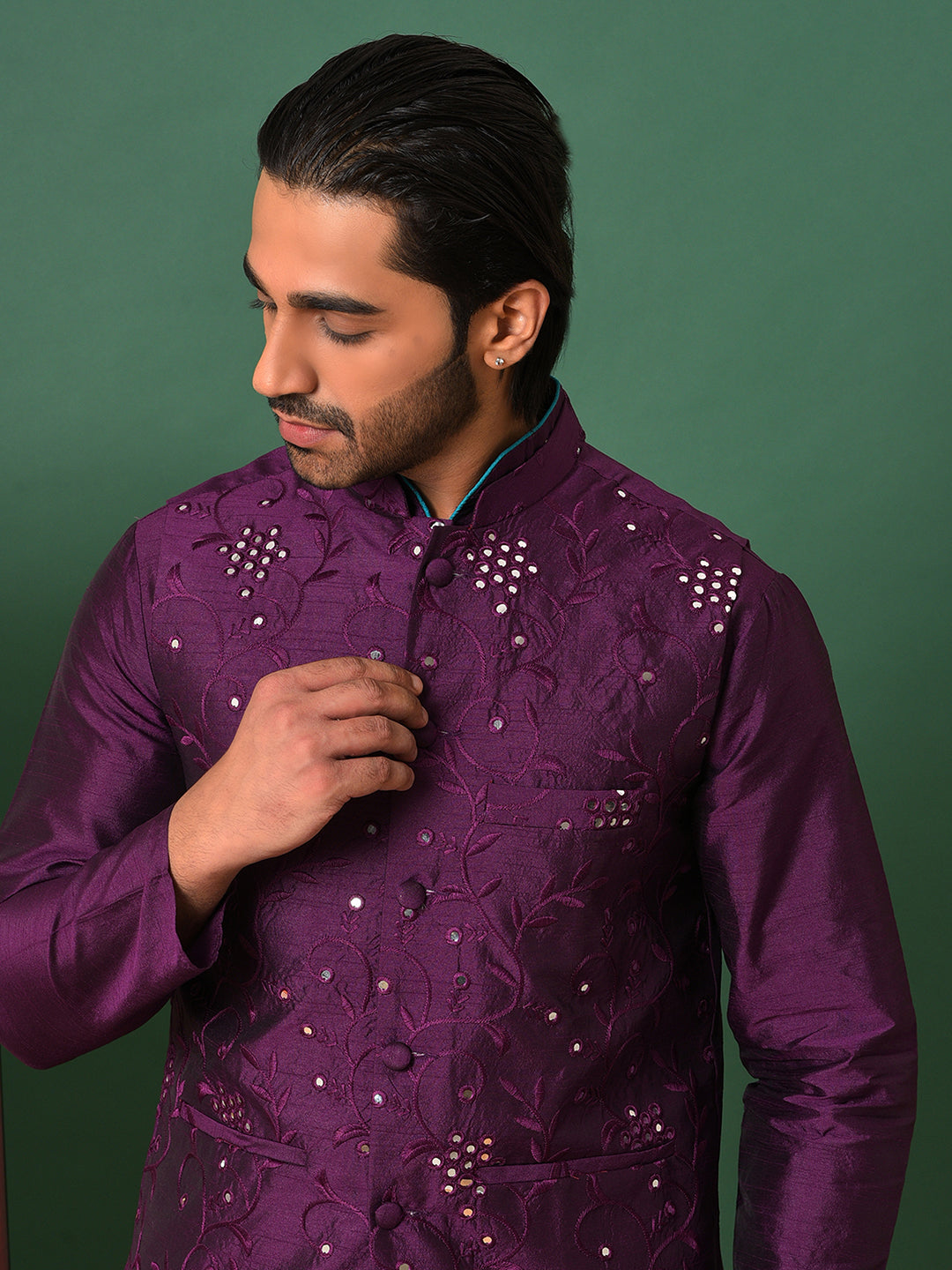 Hangup Men's Ethnic DarkPurple Long Kurta Pyjama and Nehru Jacket Set