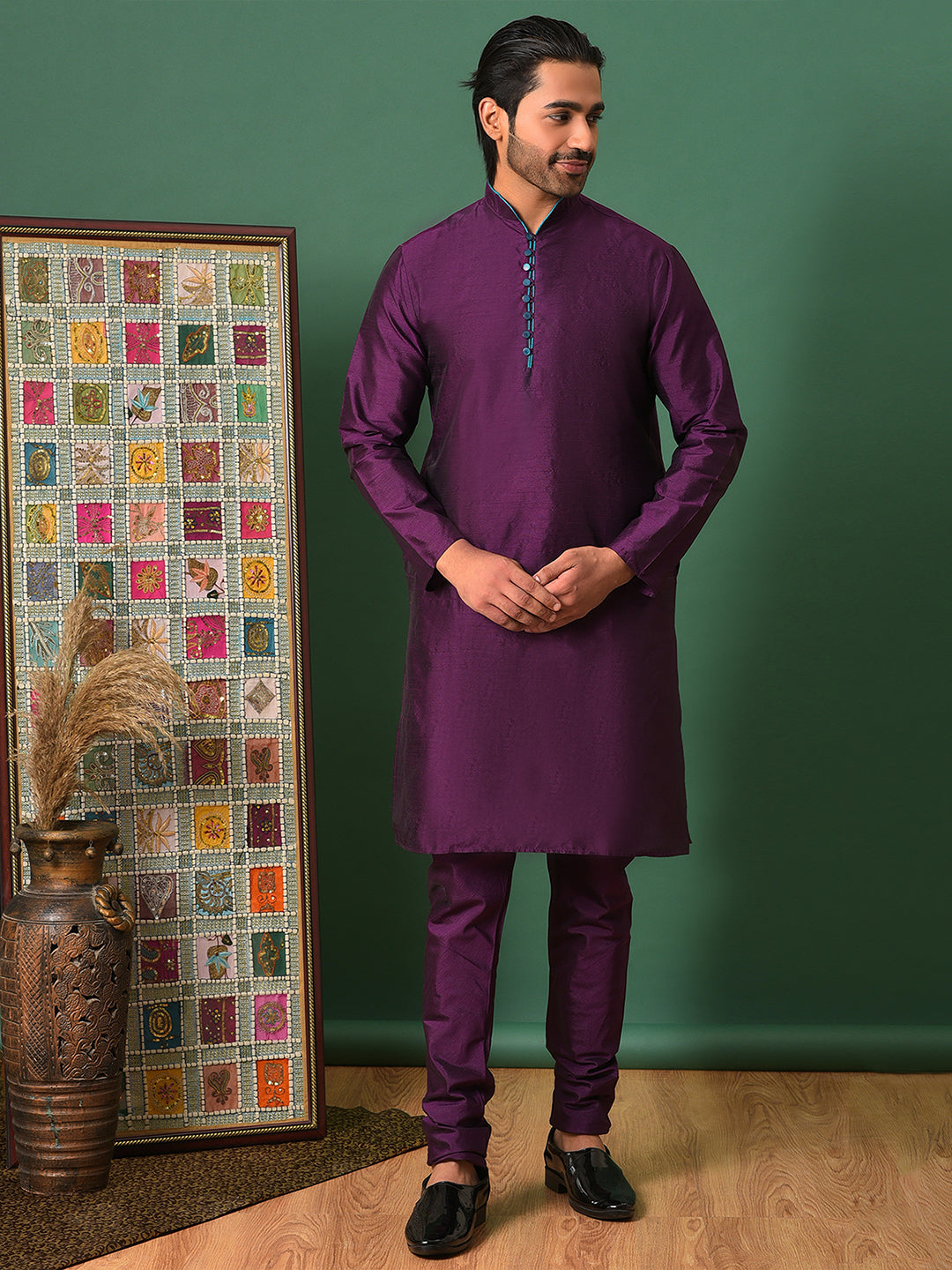 Hangup Men's Ethnic DarkPurple Long Kurta Pyjama and Nehru Jacket Set