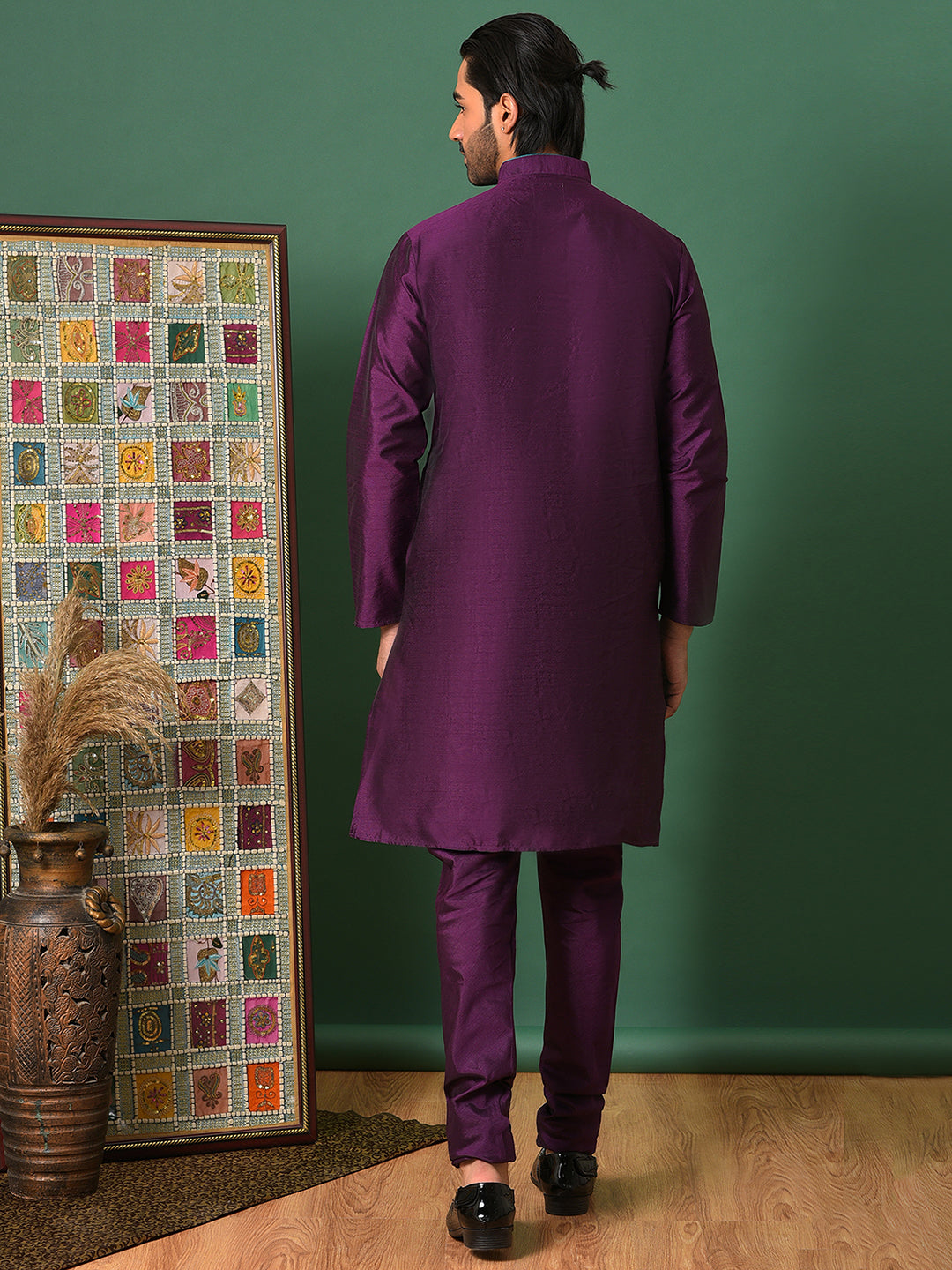 Hangup Men's Ethnic DarkPurple Long Kurta Pyjama and Nehru Jacket Set