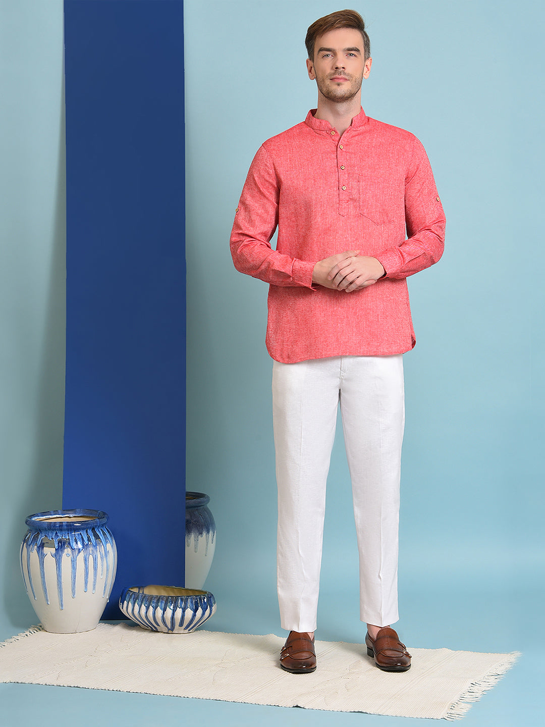 Hangup Men's Ethnic Red Short Kurta Trouser and Nehru Jacket Set