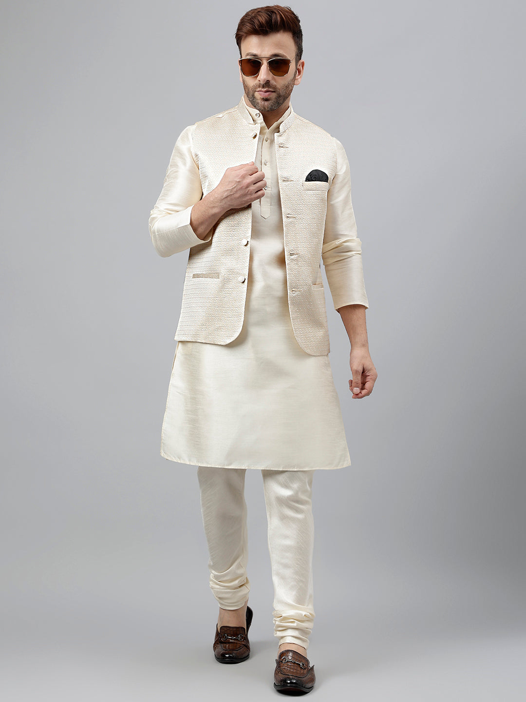 Hangup Men's Ethnic Cream Long Kurta Pyjama and Nehru Jacket Set