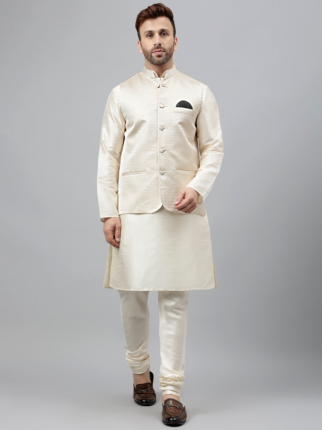 Hangup Men's Ethnic Cream Long Kurta Pyjama and Nehru Jacket Set