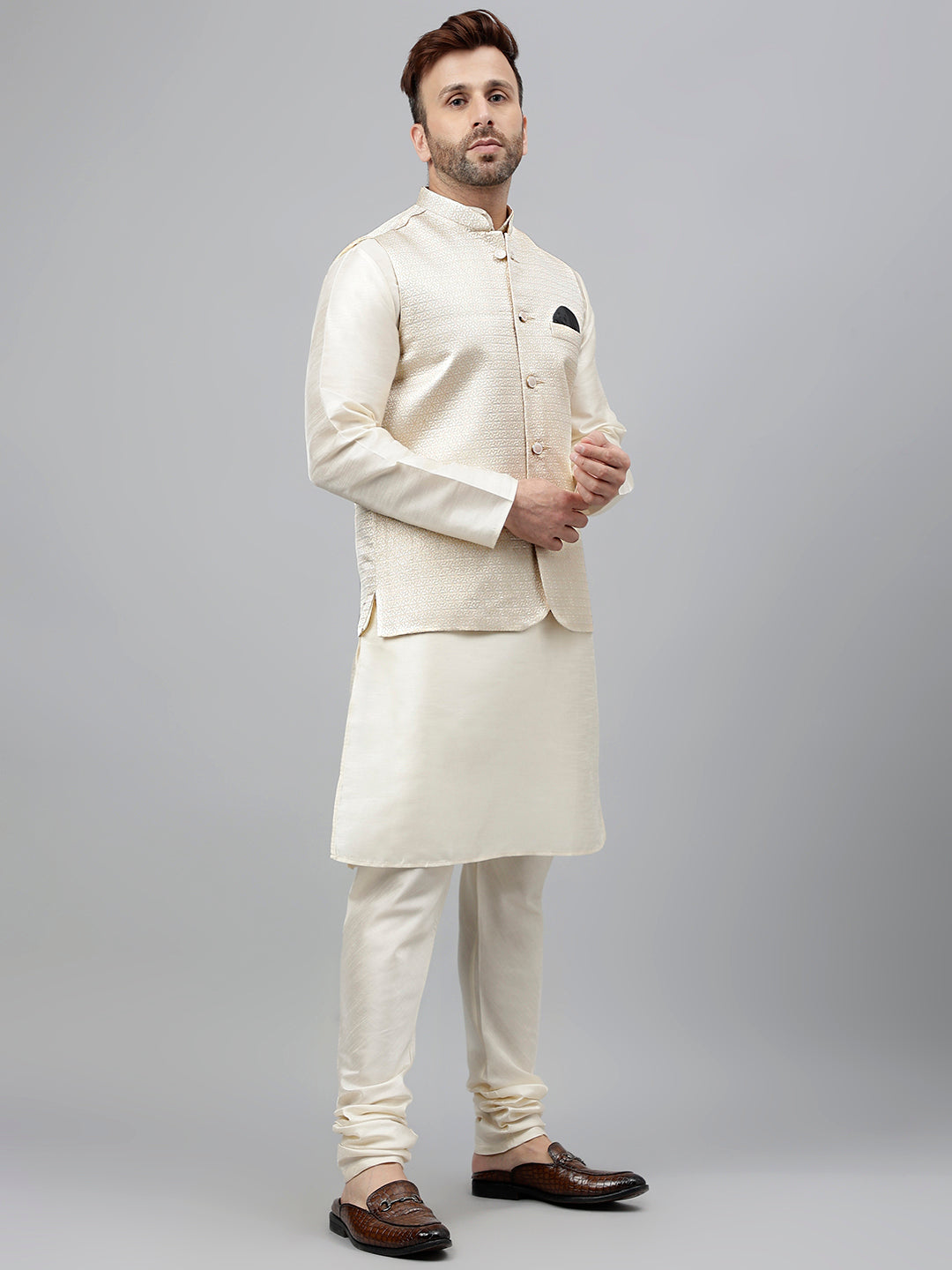 Hangup Men's Ethnic Cream Long Kurta Pyjama and Nehru Jacket Set