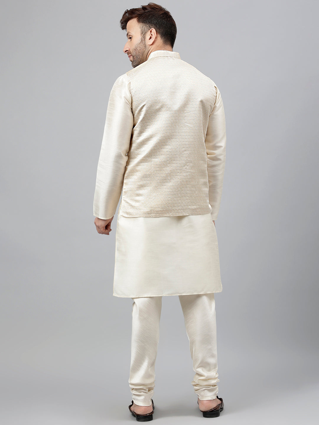 Hangup Men's Ethnic Cream Long Kurta Pyjama and Nehru Jacket Set