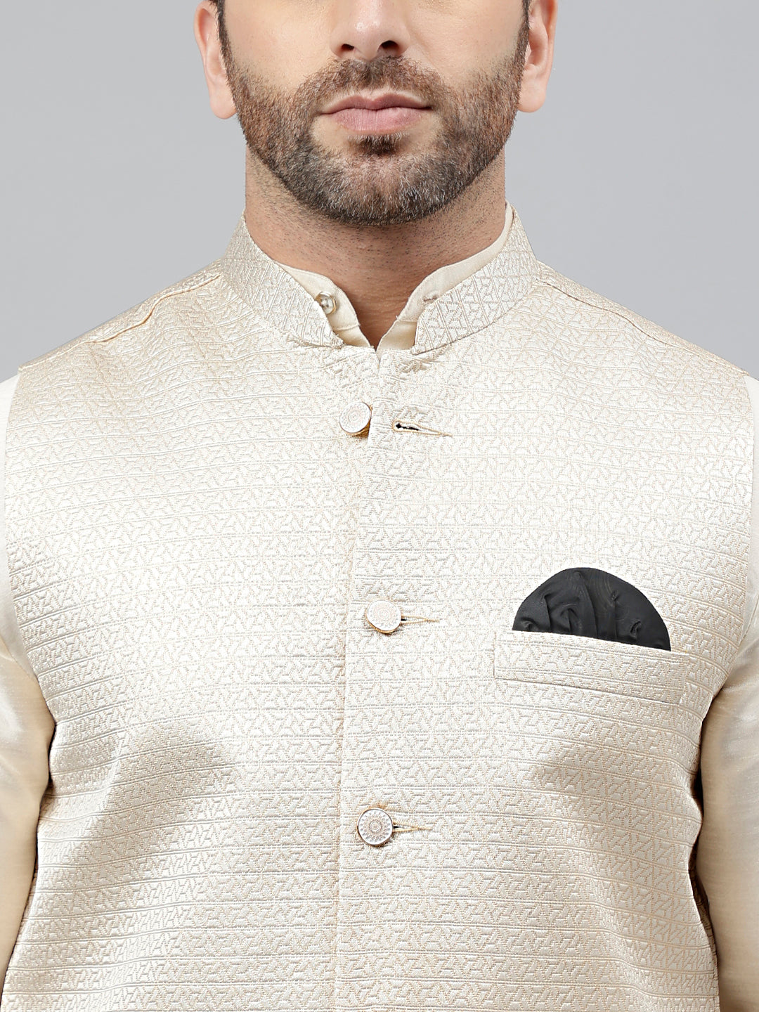 Hangup Men's Ethnic Cream Long Kurta Pyjama and Nehru Jacket Set