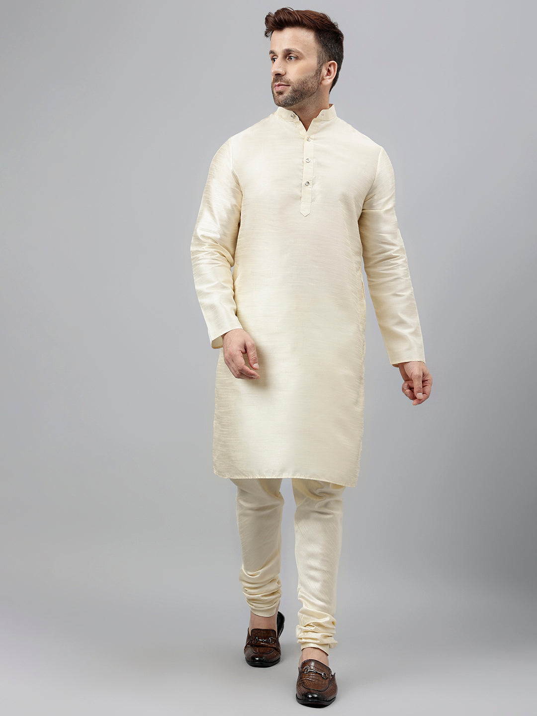 Hangup Men's Ethnic Off White Long Kurta Pyjama and Nehru Jacket Set