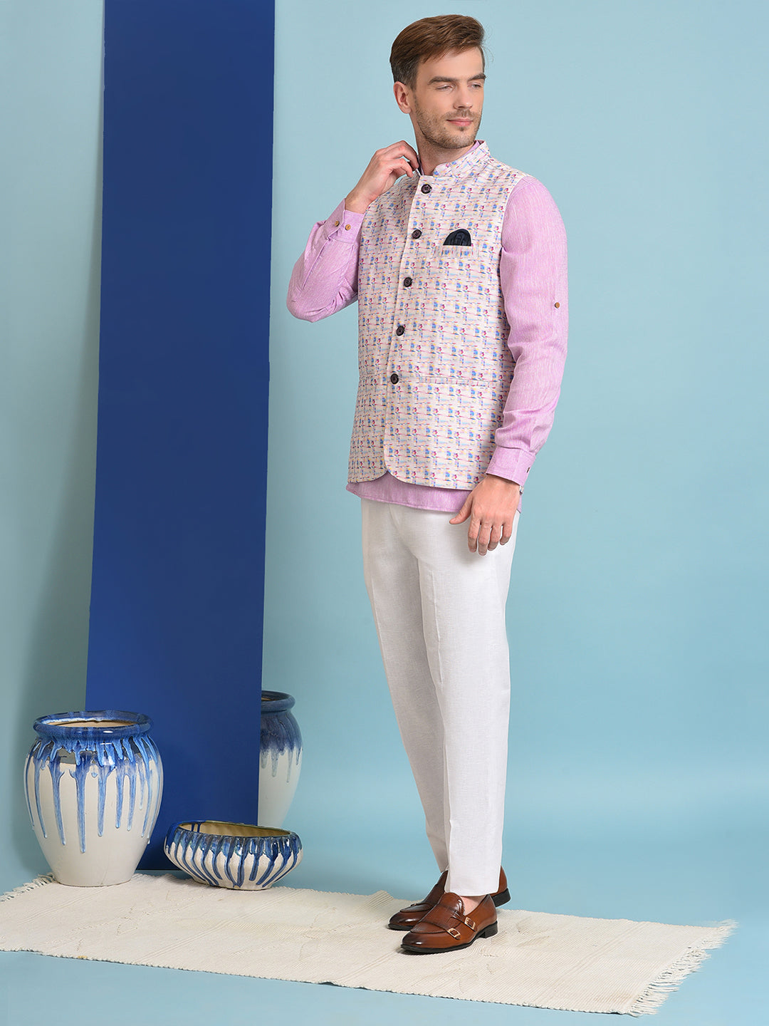 Hangup Men's Ethnic Light Purple Short Kurta Trouser and Nehru Jacket Set