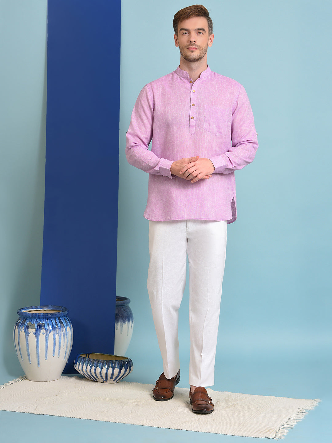 Hangup Men's Ethnic Light Purple Short Kurta Trouser and Nehru Jacket Set