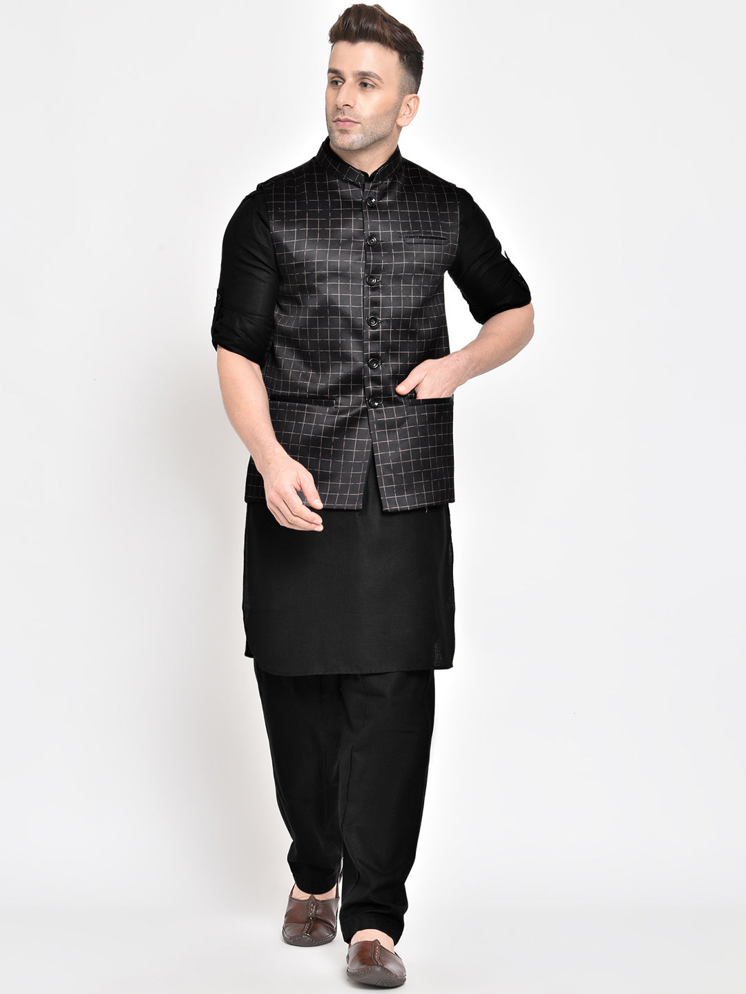 Hangup Men's Ethnic Black Pathani Kurta Salwar and Nehru Jacket Set