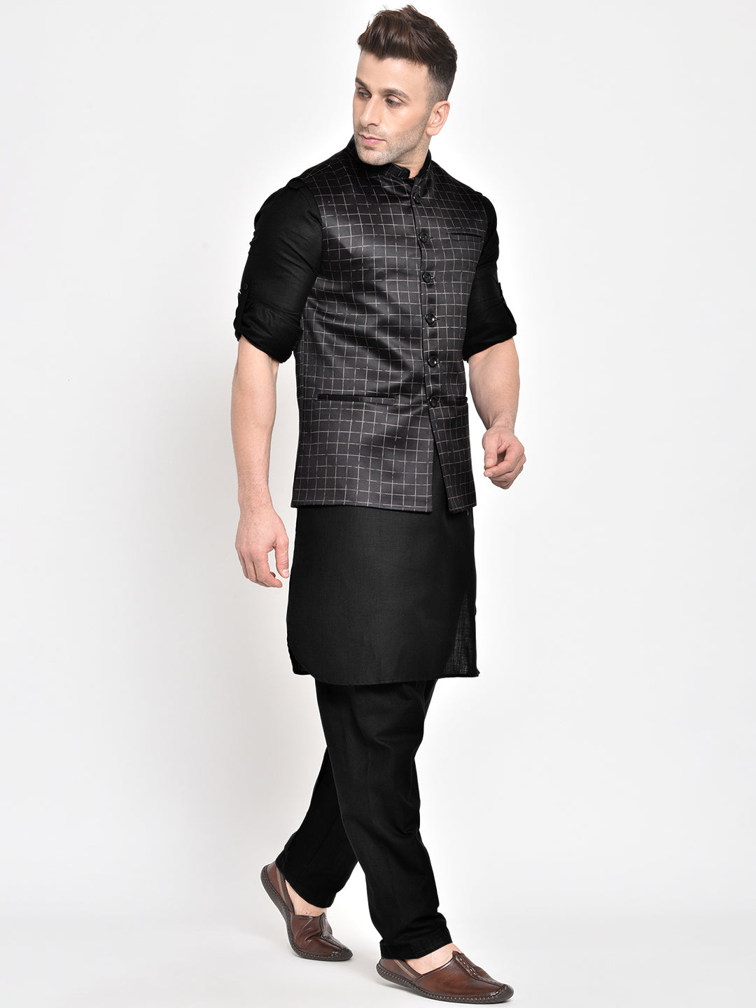 Hangup Men's Ethnic Black Pathani Kurta Salwar and Nehru Jacket Set