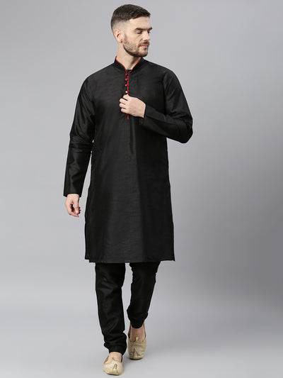 Hangup Men's Ethnic Black Long Kurta Pyjama and Nehru Jacket Set