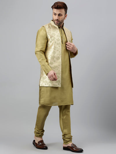Hangup Men's Ethnic Mehandi Green Long Kurta Pyjama and Nehru Jacket Set