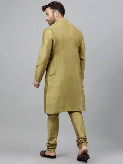 Hangup Men's Ethnic Mehandi Green Long Kurta Pyjama and Nehru Jacket Set