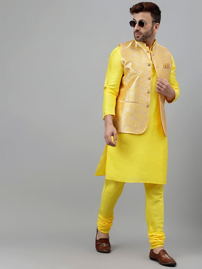 Hangup Men's Ethnic Yellow Long Kurta Pyjama and Nehru Jacket Set