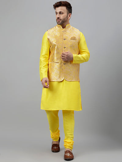 Hangup Men's Ethnic Yellow Long Kurta Pyjama and Nehru Jacket Set
