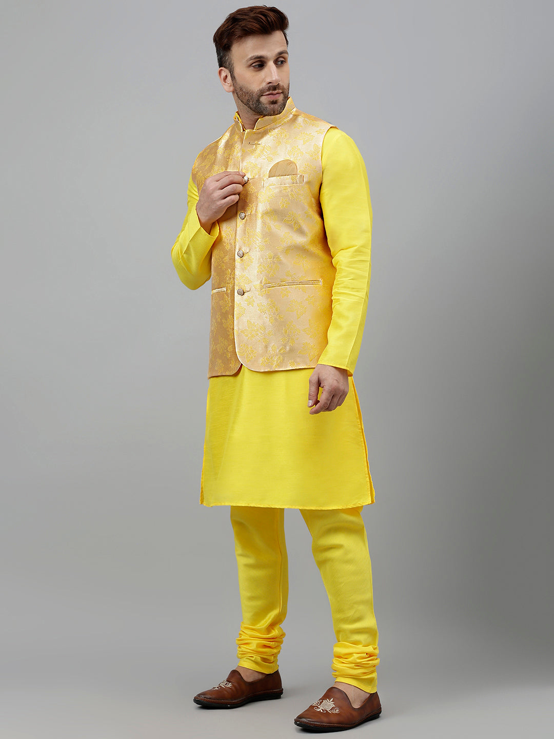 Hangup Men's Ethnic Yellow Long Kurta Pyjama and Nehru Jacket Set