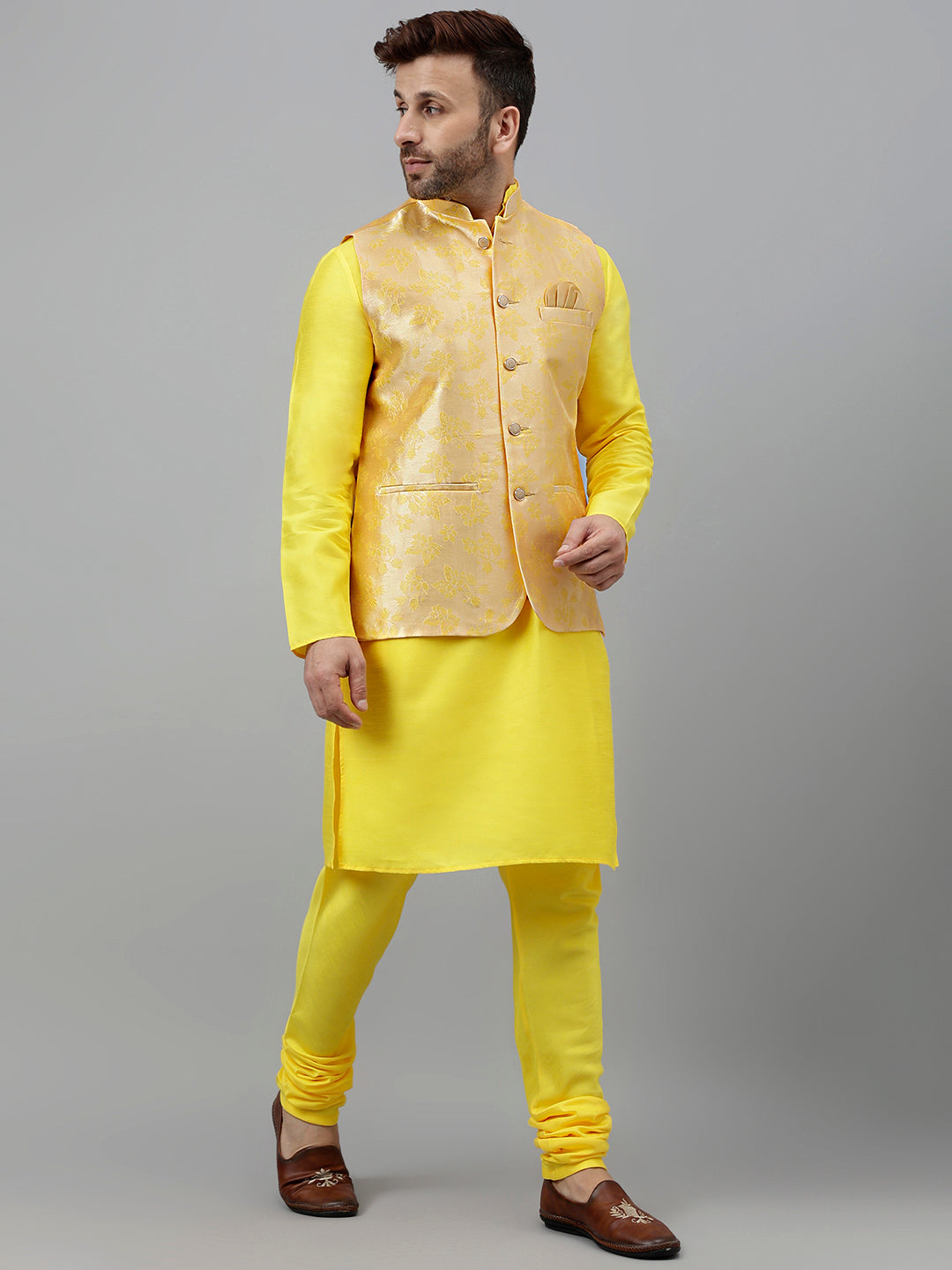 Hangup Men's Ethnic Yellow Long Kurta Pyjama and Nehru Jacket Set