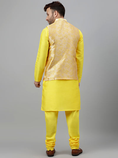 Hangup Men's Ethnic Yellow Long Kurta Pyjama and Nehru Jacket Set