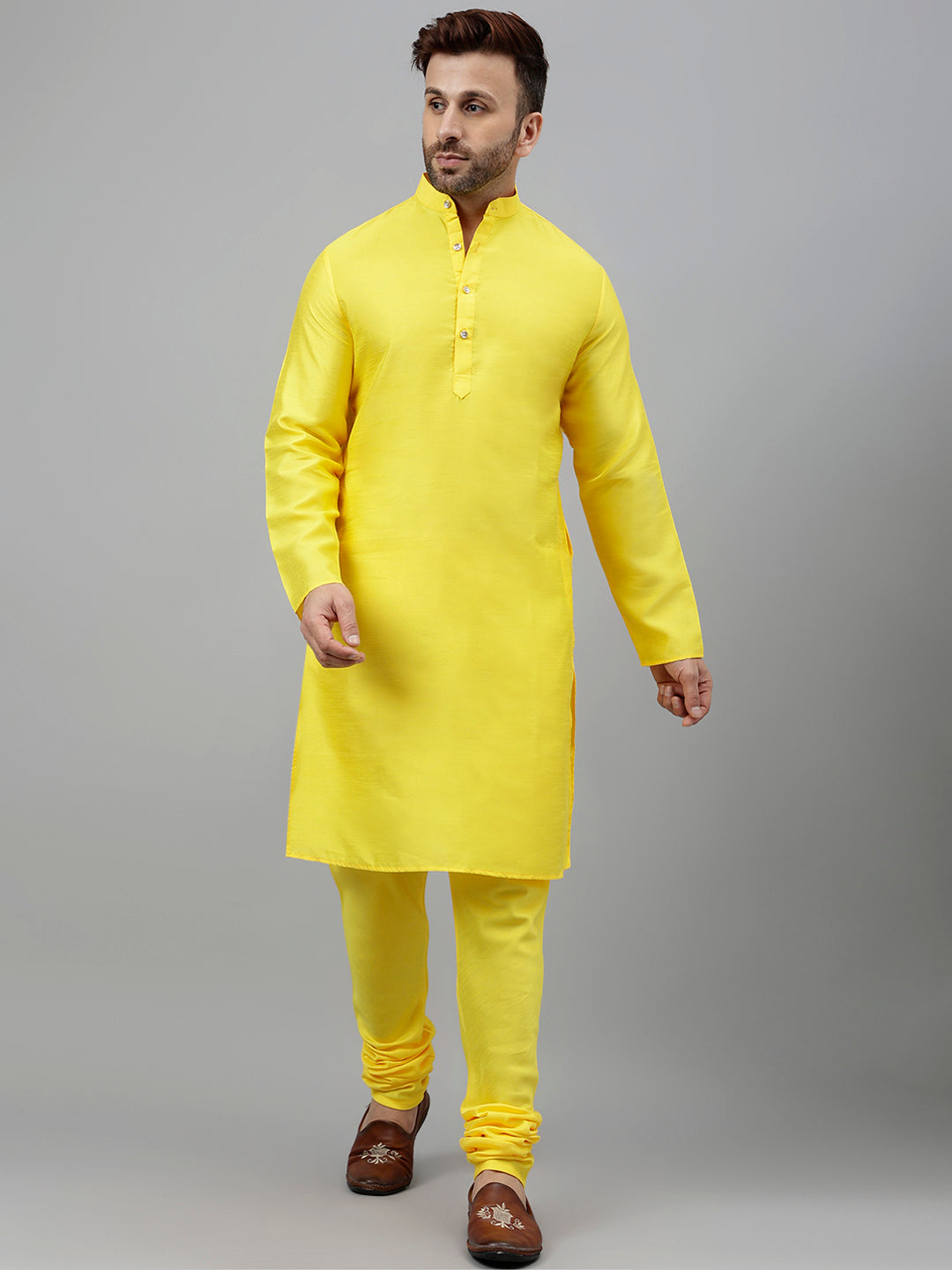 Hangup Men's Ethnic Yellow Long Kurta Pyjama and Nehru Jacket Set