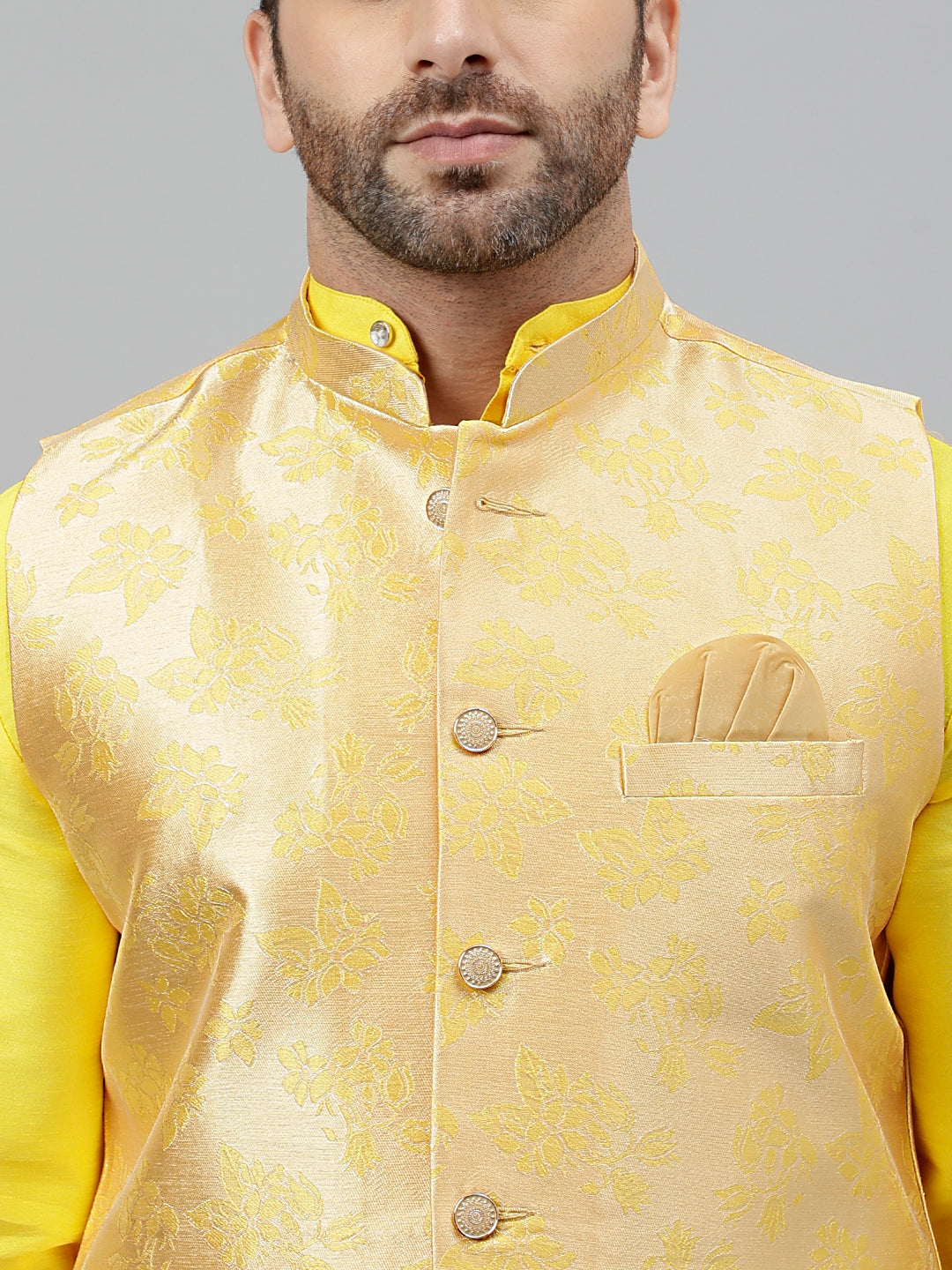 Hangup Men's Ethnic Yellow Long Kurta Pyjama and Nehru Jacket Set