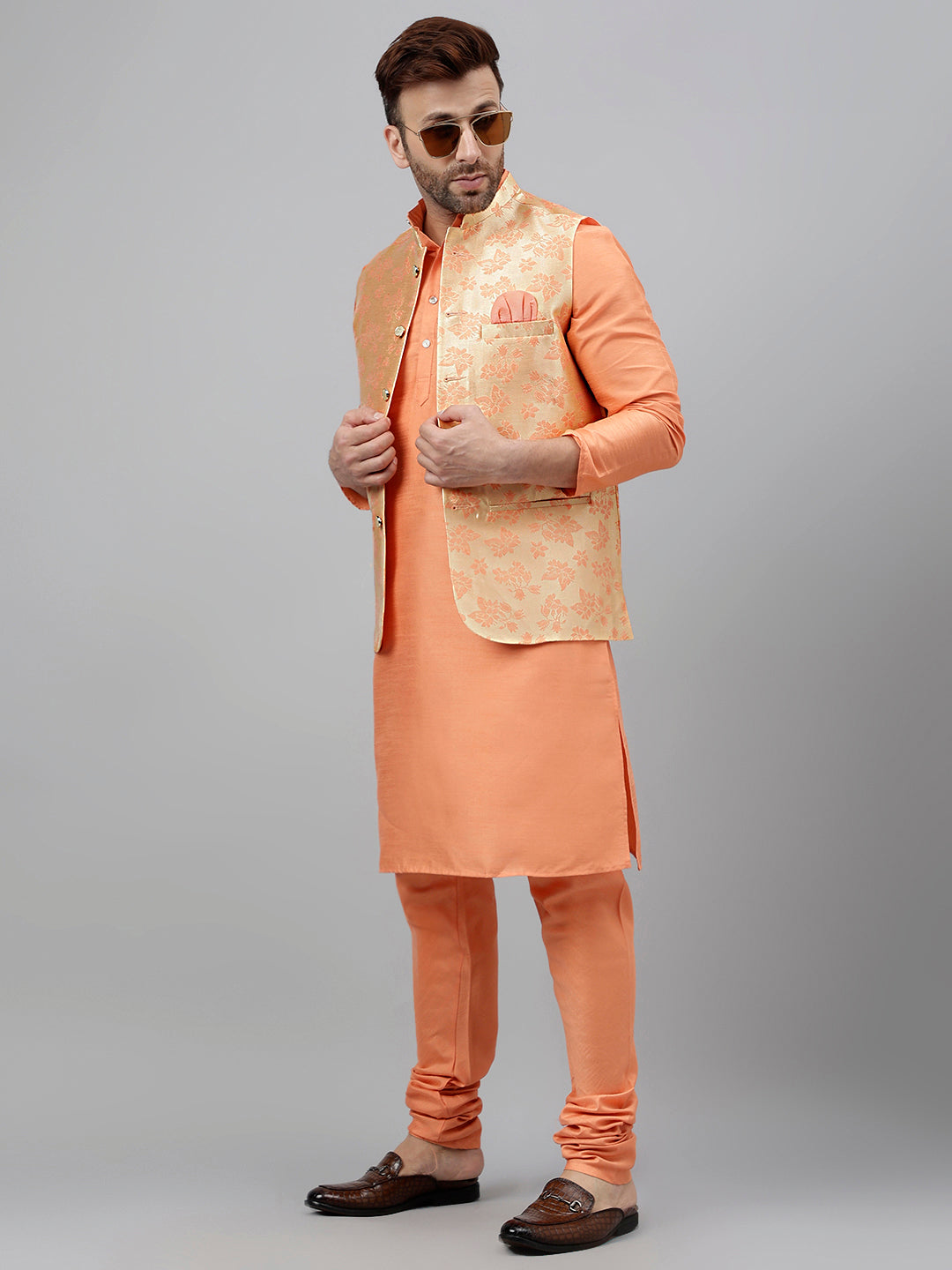 Hangup Men's Ethnic Peach Long Kurta Pyjama and Nehru Jacket Set