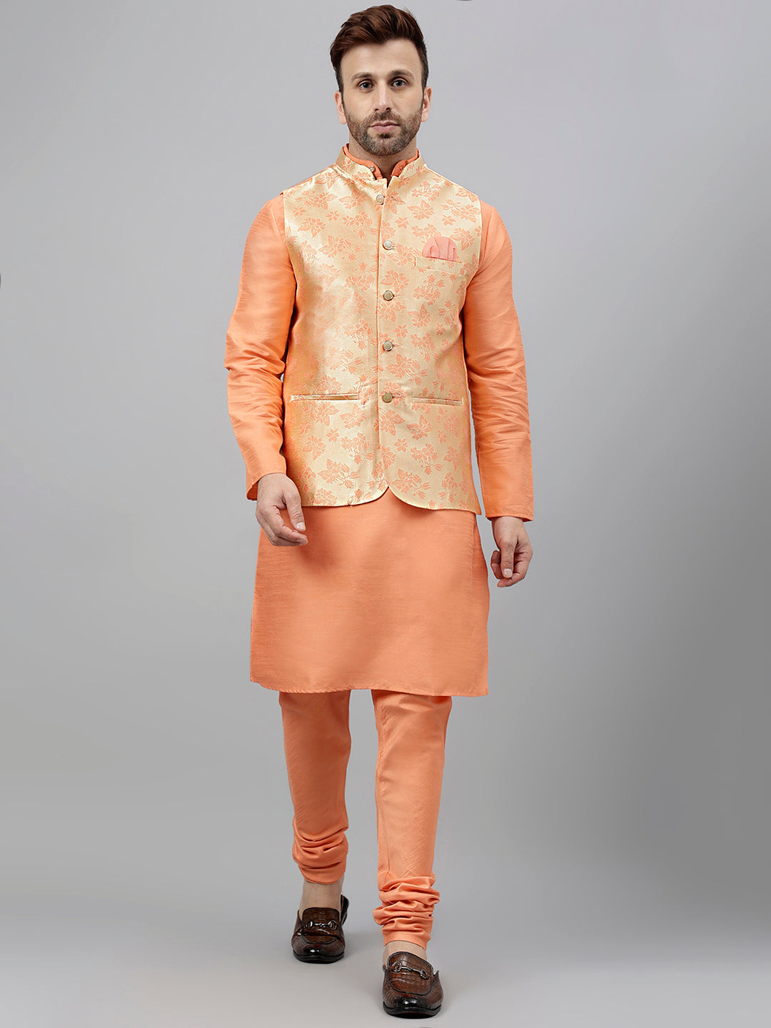 Hangup Men's Ethnic Peach Long Kurta Pyjama and Nehru Jacket Set