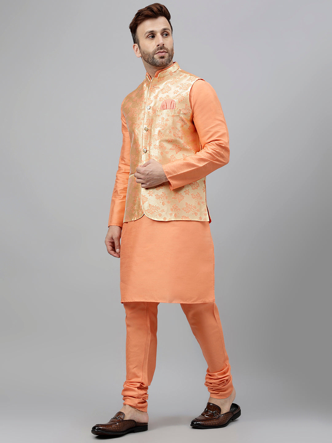 Hangup Men's Ethnic Peach Long Kurta Pyjama and Nehru Jacket Set