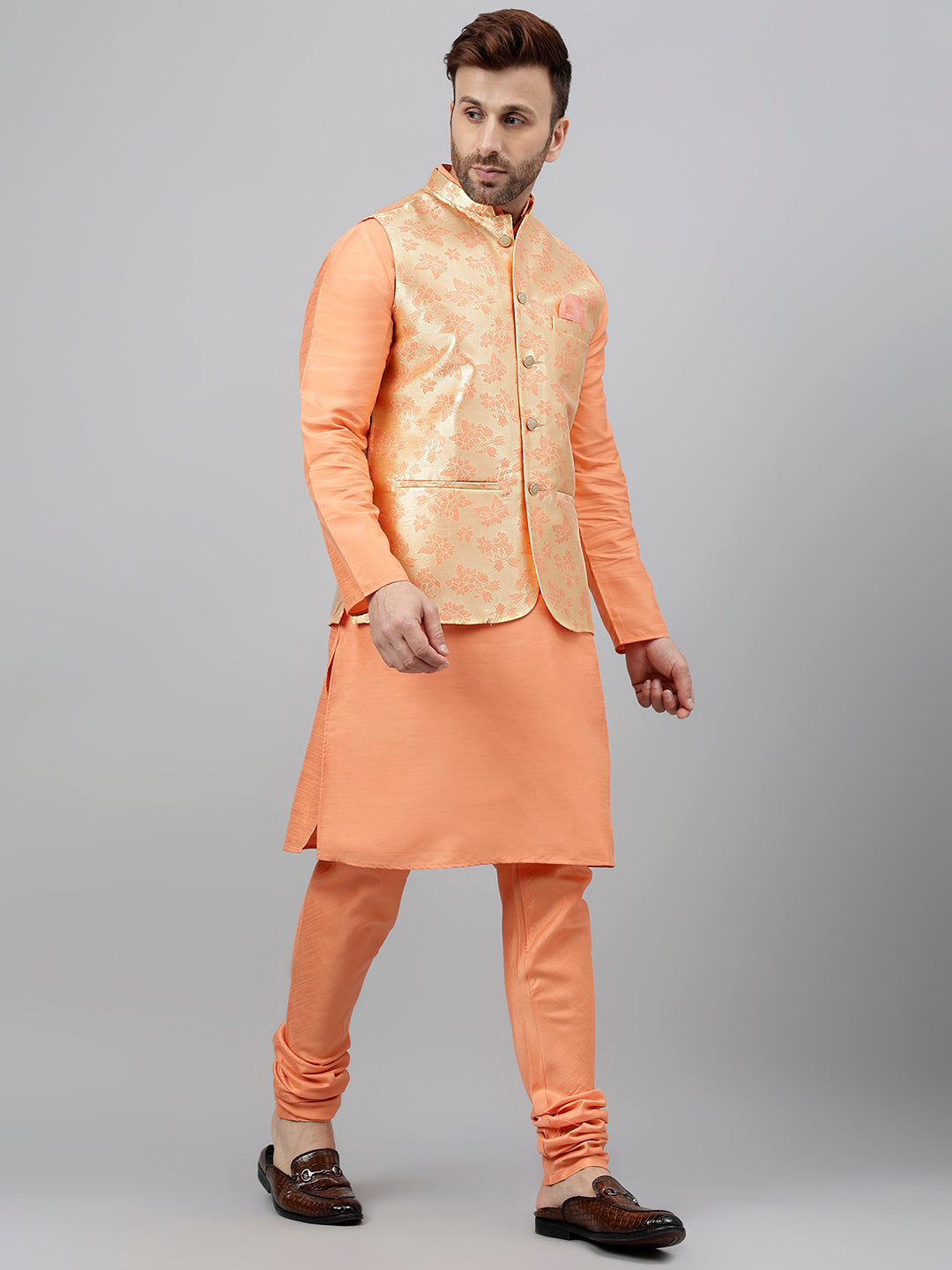 Hangup Men's Ethnic Peach Long Kurta Pyjama and Nehru Jacket Set