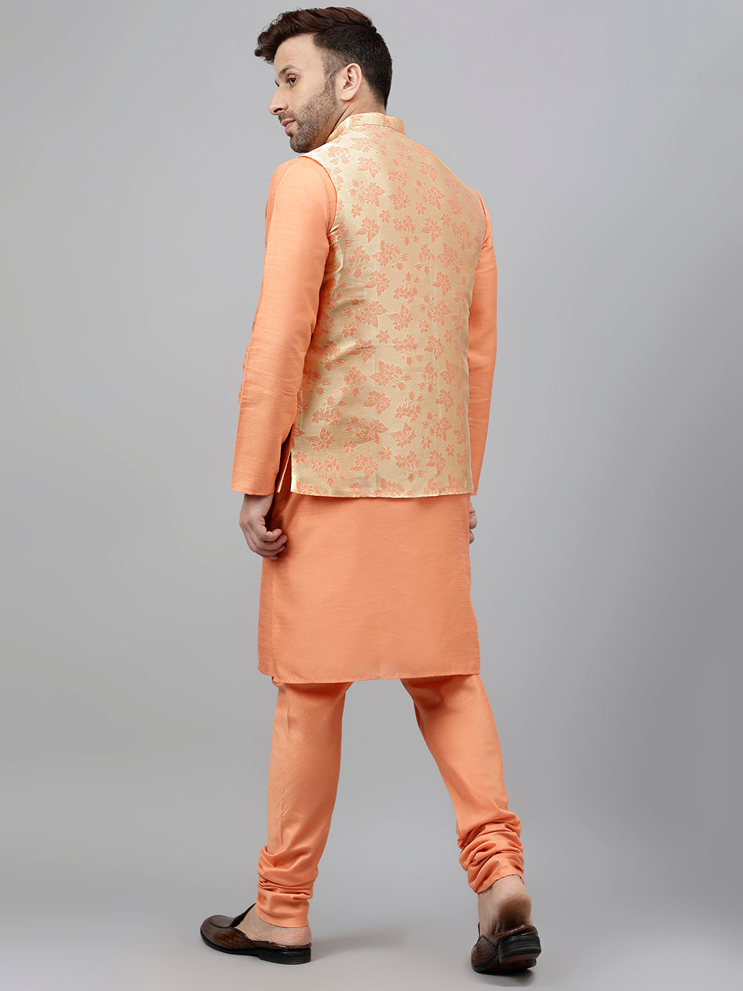 Hangup Men's Ethnic Peach Long Kurta Pyjama and Nehru Jacket Set