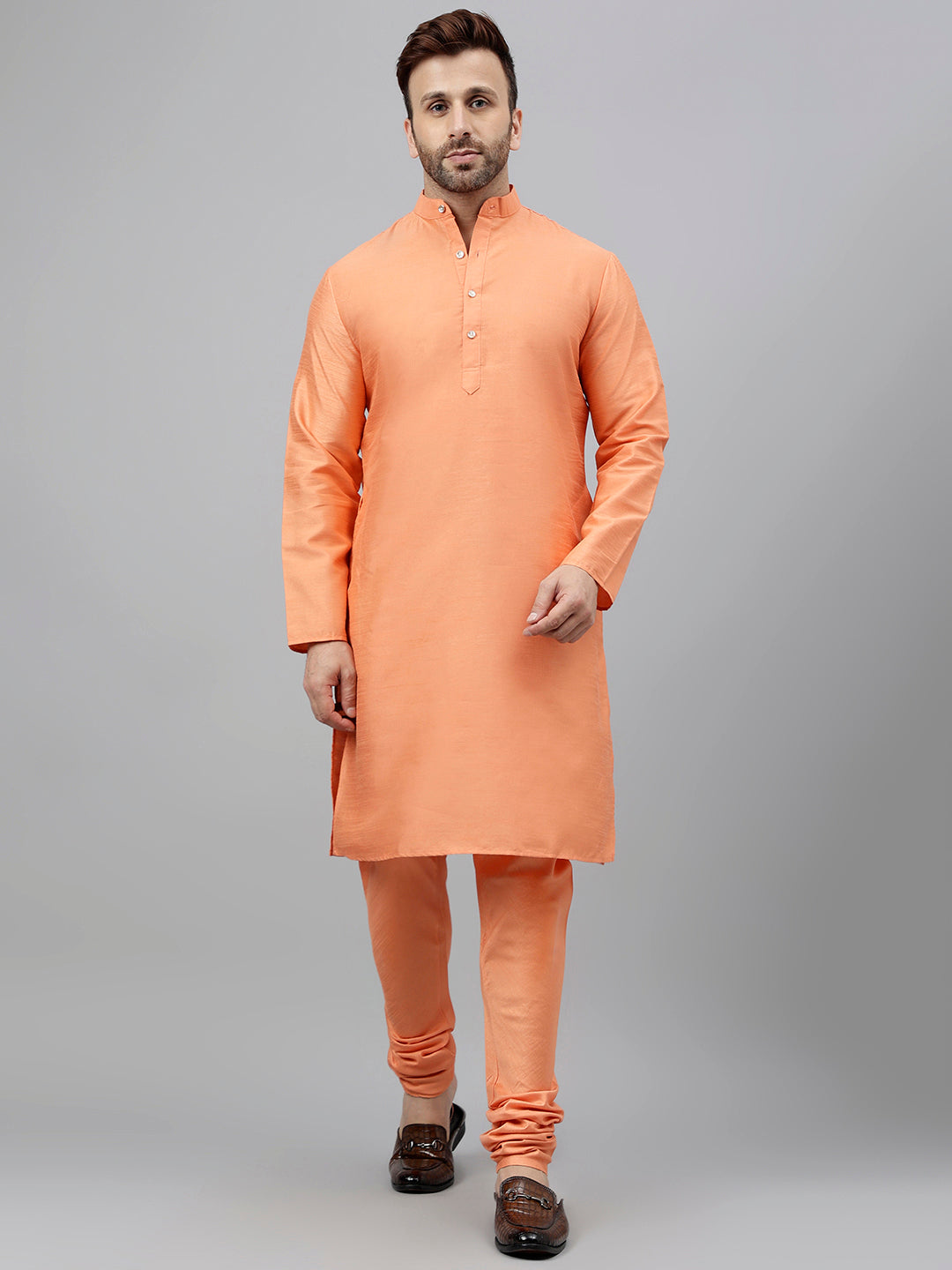 Hangup Men's Ethnic Peach Long Kurta Pyjama and Nehru Jacket Set