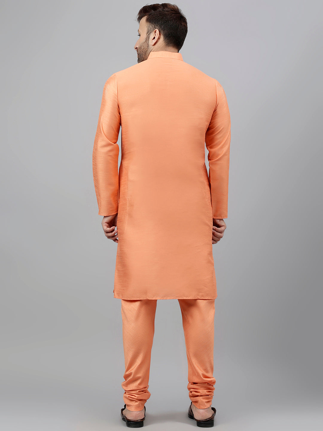 Hangup Men's Ethnic Peach Long Kurta Pyjama and Nehru Jacket Set