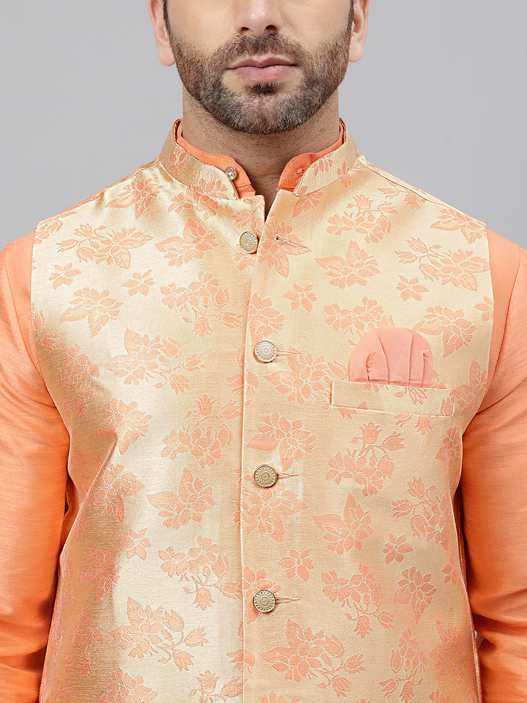 Hangup Men's Ethnic Peach Long Kurta Pyjama and Nehru Jacket Set