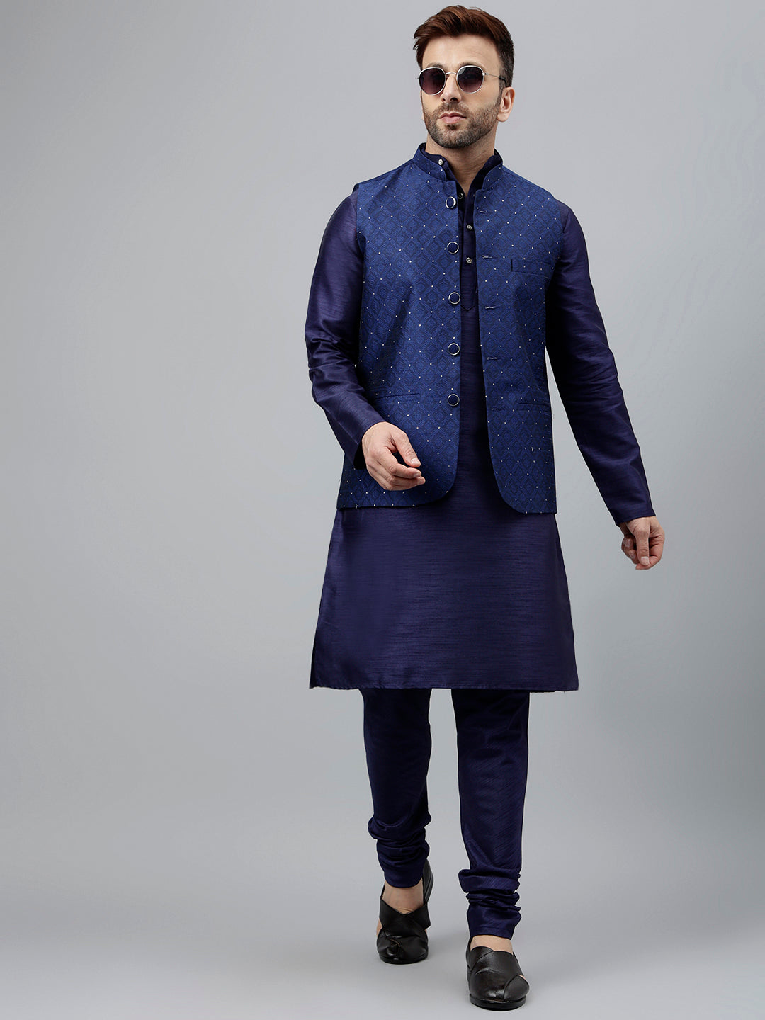 Hangup Men's Ethnic Navy Long Kurta Pyjama and Nehru Jacket Set