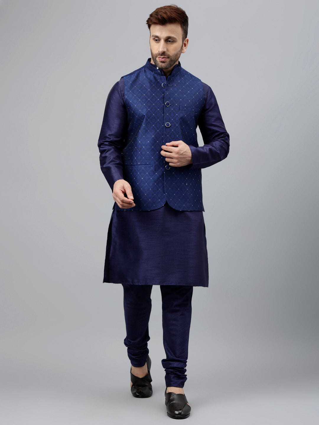 Hangup Men's Ethnic Navy Long Kurta Pyjama and Nehru Jacket Set