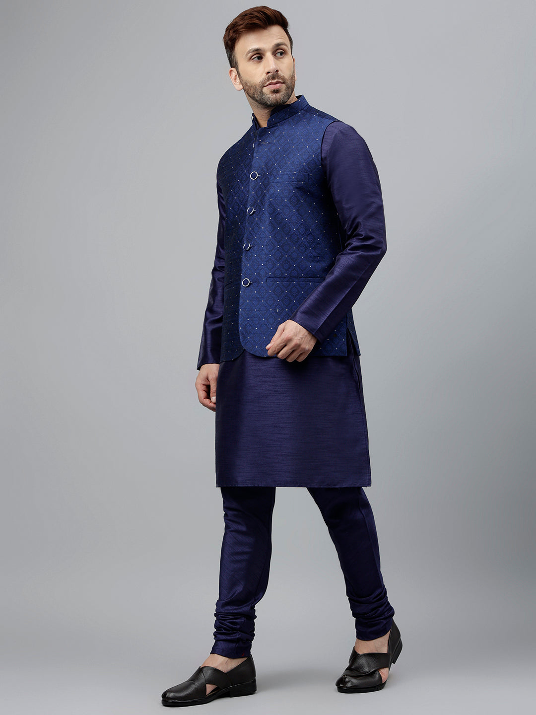 Hangup Men's Ethnic Navy Long Kurta Pyjama and Nehru Jacket Set