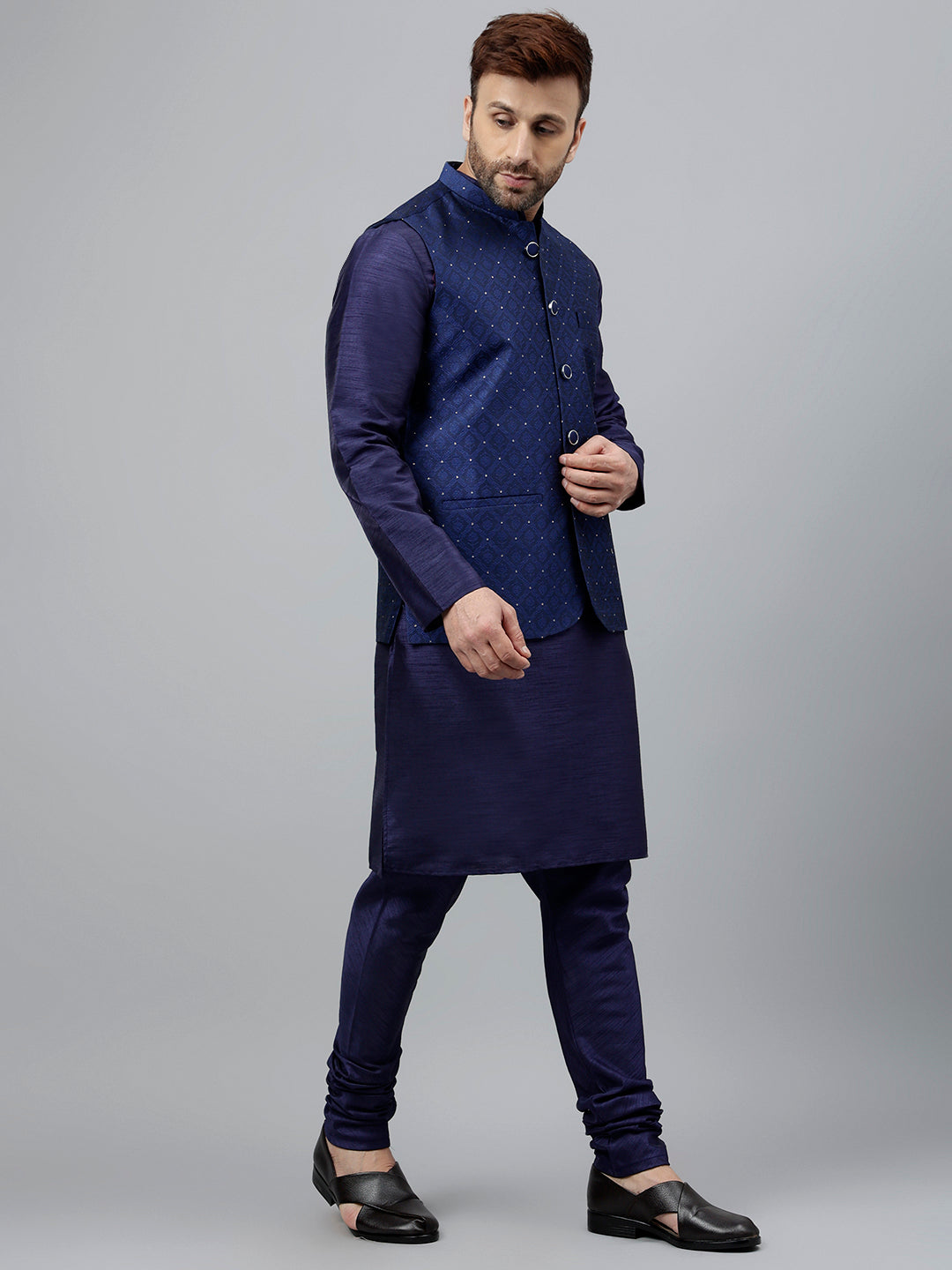 Hangup Men's Ethnic Navy Long Kurta Pyjama and Nehru Jacket Set